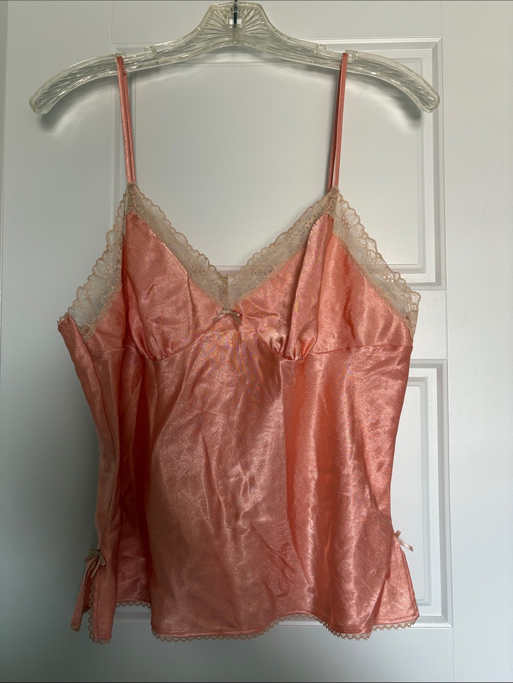 Vintage Victoria's Secret MATCHING SET Peach Satin Lace-Trim Cami and Shorts